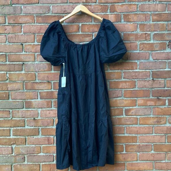 A.n.a Black Puff Sleeve Midi Dress with Embroidered Neckline - Picture 4 of 6